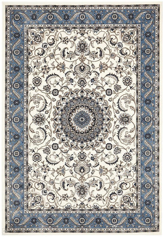 Sydney Collection Medallion Rug White with Blue Border - 170x120cm