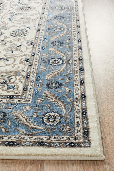 Sydney Collection Medallion Rug White with Blue Border