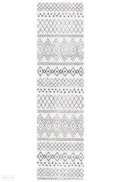 Oasis Nadia White Blue Rustic Tribal Runner Rug - 300X80cm