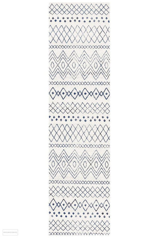 Oasis Nadia White Blue Rustic Tribal Runner Rug - 300X80cm