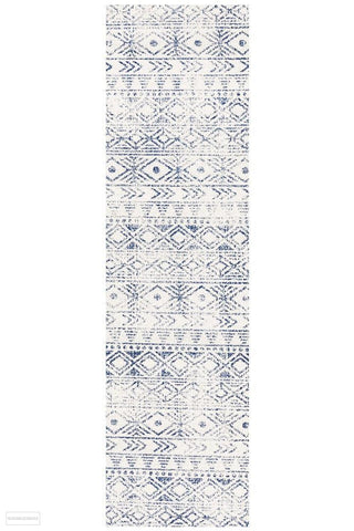 Oasis Ismail White Blue Rustic Runner Rug - 300X80cm